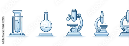 Line art illustration of science laboratory equipment test tube flask and microscopes for research and experimentation