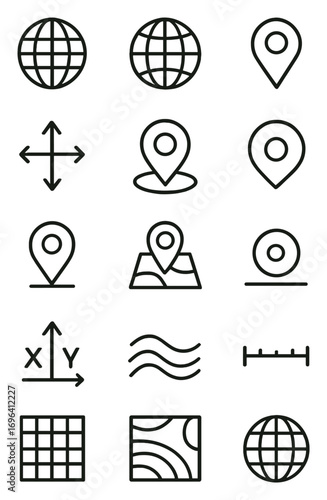 Coordinates and grids icons in minimalistic line art style: latitude line, longitude line, world grid, map point, coordinate cross, location circle,