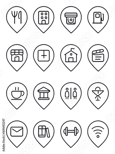 Location tags icons in minimalistic line art style: restaurant pin, hotel pin, ATM pin, gas station pin, shop pin, hospital pin, school pin, cinema