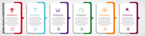 Business progress or process visualization with 6 steps directional white diagrams | Infographic arrow indicator modern marketing chart | Elegant abstract innovation for presentation, report
