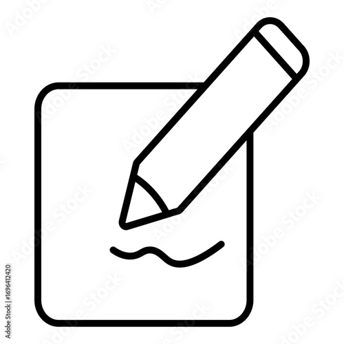 Minimalist outline icon depicting a pencil writing on a piece of paper, symbolizing note-taking, creative writing, or editing a document.
