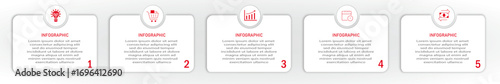 Business progress or process visualization with 5 steps white diagrams with icon on circle | Infographic modern marketing chart | Elegant red abstract innovation for presentation, report