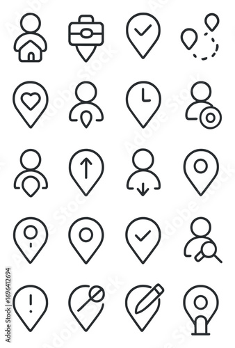 User location states icons in minimalistic line art style: home location, work location, visited place, travel log, favorite spot, hidden location,