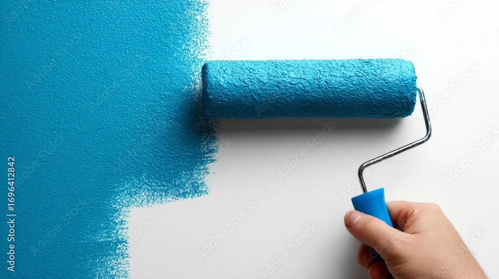 Obraz premium Painting a wall with bright blue color using a roller in a well-lit interior space during daytime