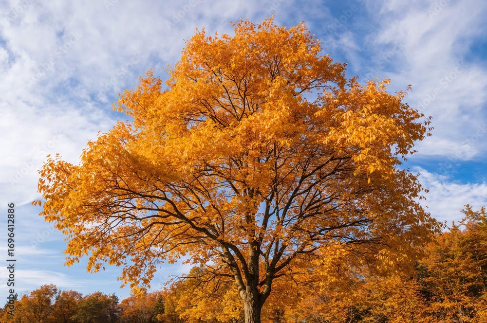 Naklejka premium Autumn scene with golden ginkgo biloba leaves set against a clear blue sky, featuring texture and background elements.