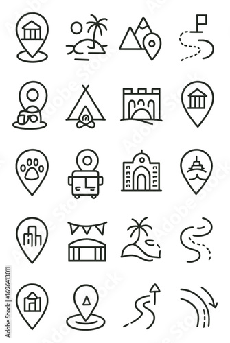 Tourism and travel icons in minimalistic line art style: landmark pin, beach location, mountain spot, hiking trail, viewpoint pin, camping area,