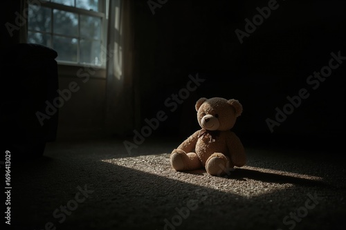 Heartwarming photo of a single teddy bear resting on a rug illuminated by gentle sunlight in a shadowy room