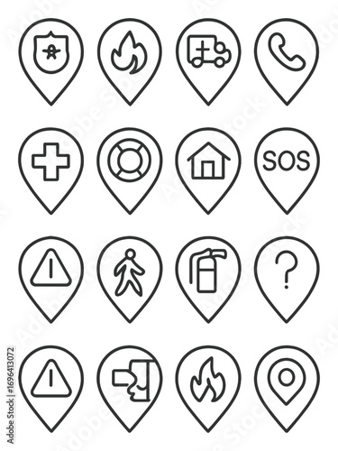 Emergency locations icons in minimalistic line art style: police station pin, fire station pin, ambulance location, emergency call point, first aid