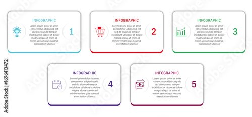Business progress or process visualization with two row 5 steps white diagrams with icon | Infographic modern marketing chart | Elegant one side border abstract innovation for presentation, report