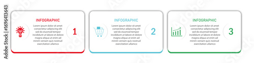 Business progress or process visualization with 3 steps white diagrams with icon | Infographic modern marketing chart | Elegant one side border abstract innovation for presentation, report