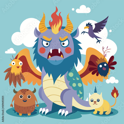 Whimsical mythical creature mashups adorable fantasy beasts colorful cartoon characters playful monsters vector