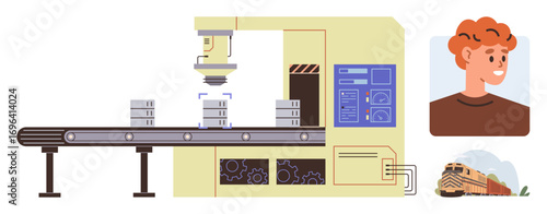 Industrial conveyor with robotic arm stacking objects, control panel, smiling worker s profile, and train. Ideal for production, logistics, industry, automation, shipping workforce transportation