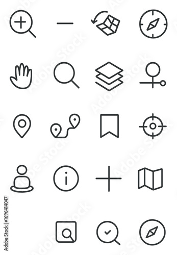 Map tools and UI icons in minimalistic line art style: zoom in, zoom out, rotate map, compass icon, drag tool, search bar, map layer, toggle pins, GPS