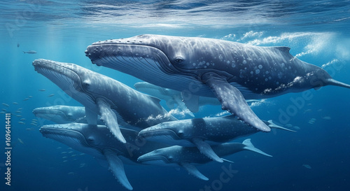Humpback whales swimming in a group underwater, showcasing their graceful movements.