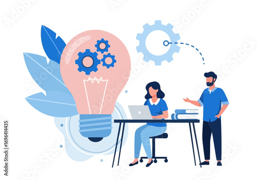 Vector art of teamwork and innovation concept with people collaborating around a table near a giant light bulb and gears symbolizing bright ideas