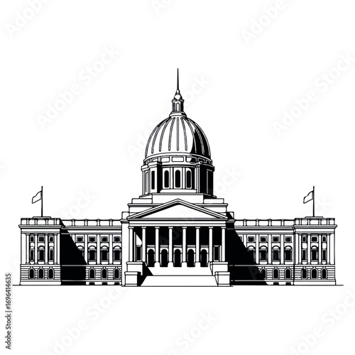 Iconic Legislative Building Flat 2D Vector Illustration - Central Dome, Symmetrical Wings, Flag Pole, High-Contrast Black and White Government Icon