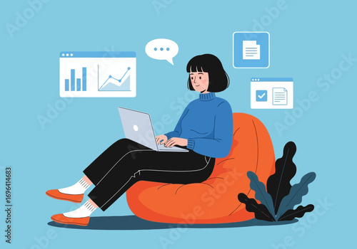 Vector art of young woman sitting on a beanbag chair, working on her laptop with charts and documents on screen, representing remote work and productivity