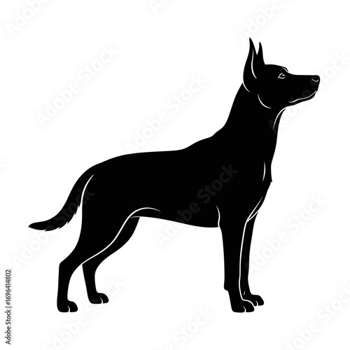 Alert, powerful black dog silhouette stands attentively, showcasing strength and loyalty for diverse design needs.