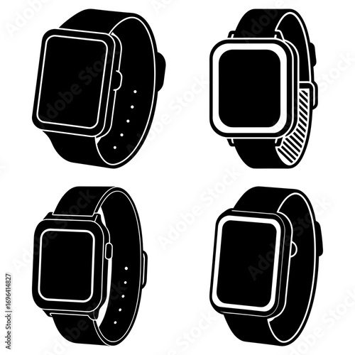 Illustration of four black smartwatches with square faces and wristbands on a white background view from different angles