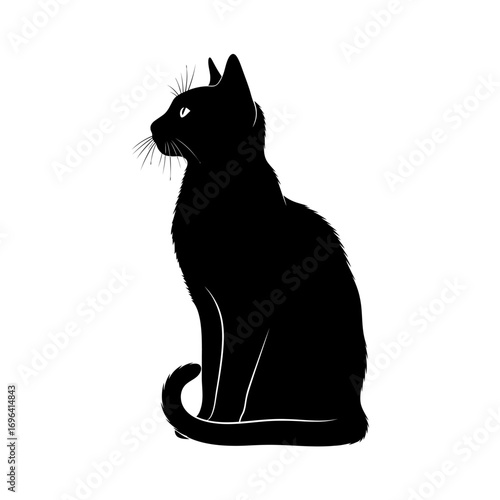 Elegant black cat silhouette sitting gracefully with a curious gaze, perfect for branding, design, and storytelling projects seeking a touch of mystique and charm.