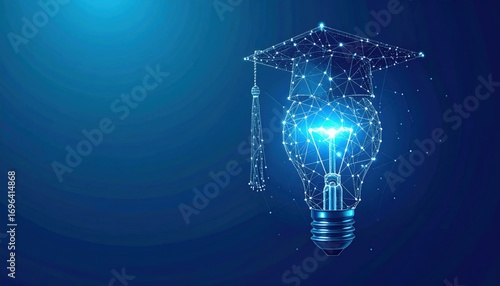 A glowing light bulb with a graduation cap symbolizes education and innovation, blending creativity and knowledge in a digital design.