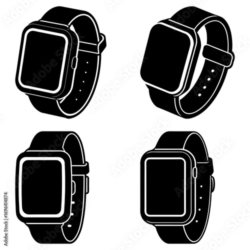 Illustration of four black smartwatches with square faces and bands in different orientations shown here