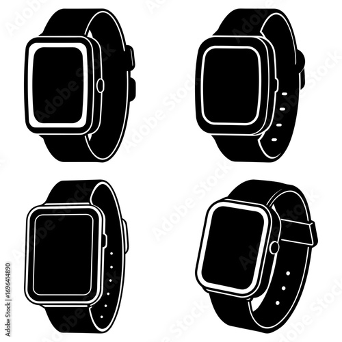 Four black and white smartwatches with square faces and straps arranged in a symmetrical pattern on white