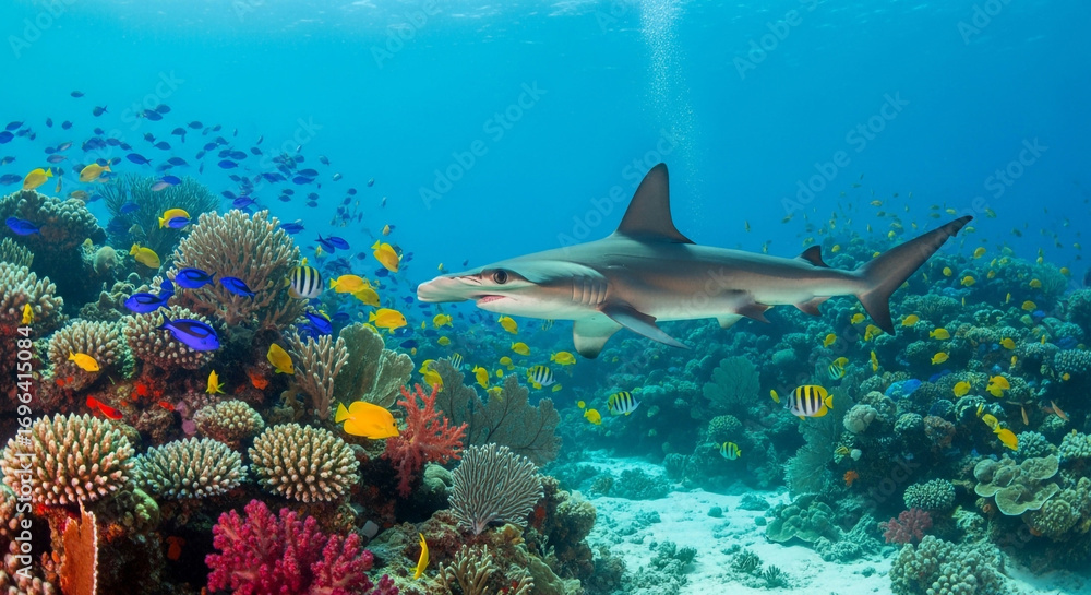 Fototapeta premium Hammerhead shark swims near a vibrant coral reef teeming with colorful fish in clear blue ocean waters.