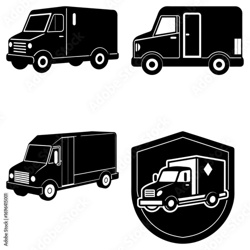 Illustration of four black and white delivery vans in various poses and styles on a white background design