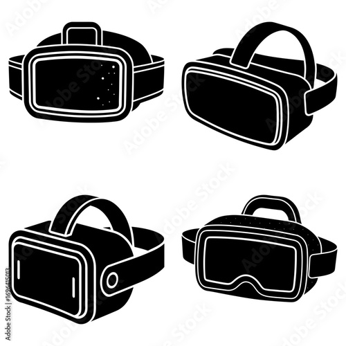 Four black and white vr headsets in different perspectives displayed in a simple vector illustration