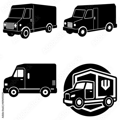 A collection of black and white delivery trucks in various angles and logo design variations displayed