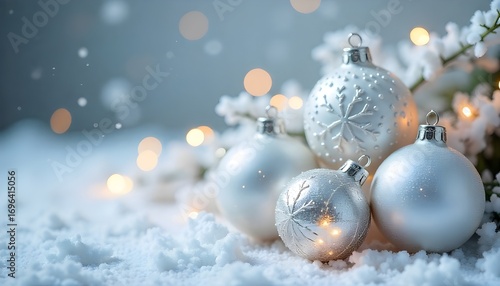 A snowy pine branch decorated with elegant white Christmas baubles featuring snowflake patterns, softly glowing lights, and a peaceful winter background.