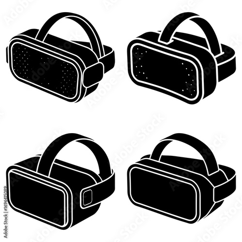 Four black and white vr headsets displayed in a grid pattern on a white background in a vector image