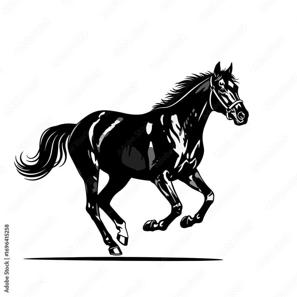 Obraz premium Dynamic black horse galloping powerfully with flowing mane and tail, capturing pure speed, freedom, and untamed spirit in a striking, illustrative style perfect for equestrian themes.