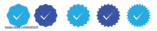 Badge check icon. Verify icon stamp. Blue flat star shape stickers. Verified badge profile set. Social media account verification icons . Isolated check mark. Vector illustration. EPS 10