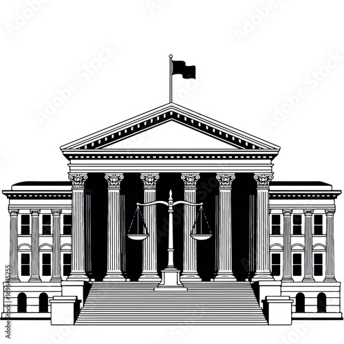 Grand Courthouse Building Flat 2D Vector - Prominent Pillars, Large Scale of Justice Symbol, Black and White Legal Authority Icon