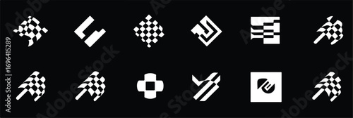 Monochrome abstract vector shapes collection design elements isolated on a black background pattern compilation