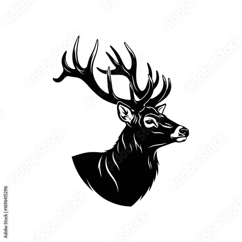 Majestic stag head with impressive antlers, a powerful symbol of nature's grandeur and wilderness spirit, perfect for branding, logos, and outdoor themes.