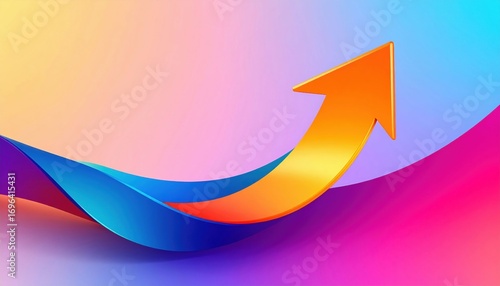 A vibrant abstract design featuring a curved wave and an upward-pointing arrow in gradient colors, symbolizing growth and progress.