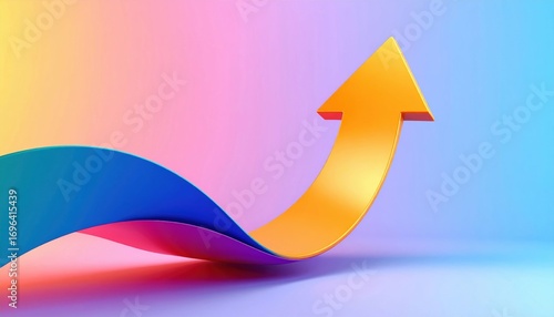 A vibrant, abstract design featuring a colorful arrow curving upward against a gradient background, symbolizing growth and progress.