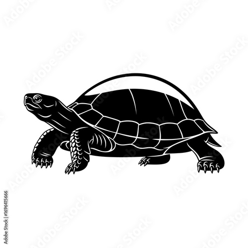 Majestic black tortoise silhouette with detailed shell and claws, symbolizing patience, longevity, and natural resilience for ecological or symbolic projects