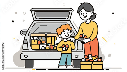 Mother and Son Unloading Groceries from Car Trunk Cartoon Style Illustration