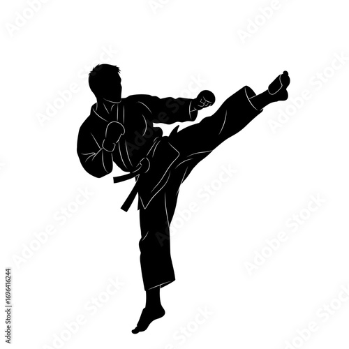 Dynamic black silhouette of a martial artist executing a powerful high kick, demonstrating strength, discipline, and focus in a clean, modern design for fitness and self-defense concepts