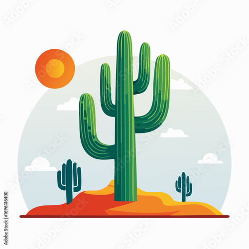 Green Cactus in Desert Landscape with Orange Sun and Clouds