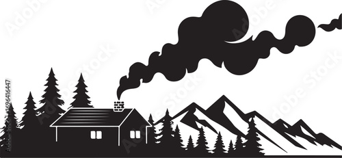 Black silhouette of a cabin with smoke from chimney in front of pine trees and mountains house home
