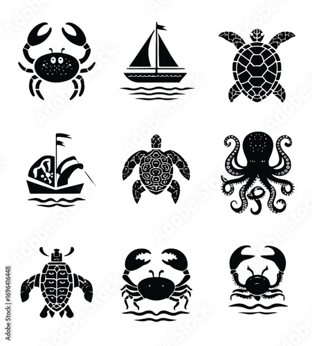 Nautical themed black vector glyph set featuring crab sailboat turtle octopus and more icons