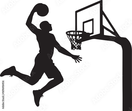 Black silhouette of a basketball player dunking a ball into a hoop vector