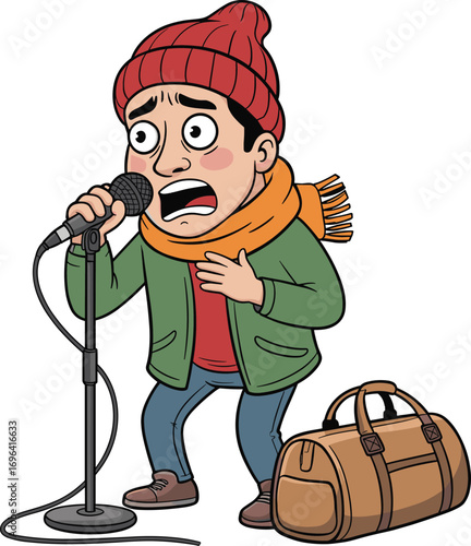 Terrified person in winter clothing speaking into microphone with luggage