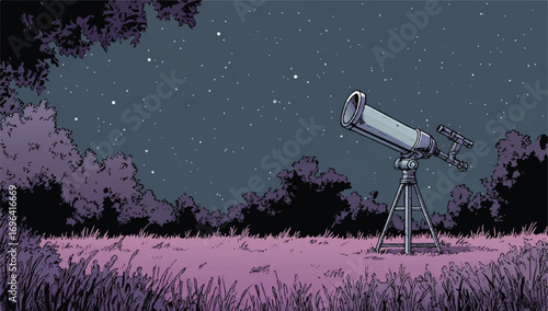 Observing the night sky with a telescope illustration of stars and trees in the background