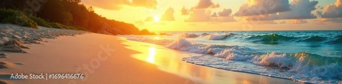 Golden hour sunlight bathes a pristine, sandy beach, waves gently lapping the shore Perfect for travel, vacation, or summer themed projects Stunning coastal landscape , sand, travel